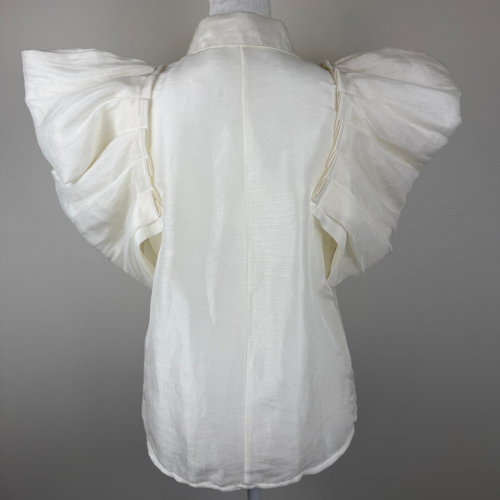 Aureta Linen Silk Puff Sleeve Blouse Women Medium Ivory Statement Button Down - Picture 4 of 10